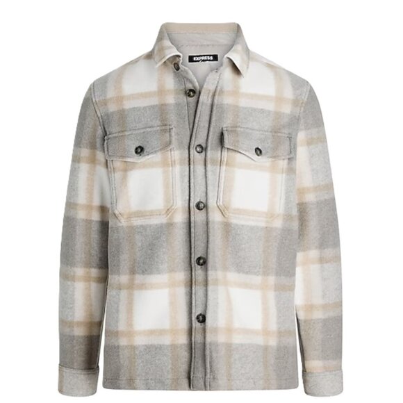 NWT - Express Men’s Plaid Knit Shirt Jacket, Oyster – Size XL - Picture 1 of 16